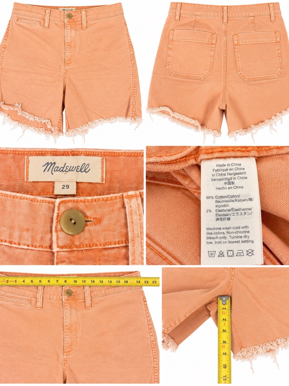 Madewell Size 29 Peach Coral Raw Hem Denim Shorts High Rise 6” Inseam